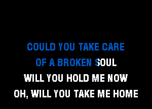 COULD YOU TAKE CARE
OF A BROKEN SOUL
WILL YOU HOLD ME NOW
0H, WILL YOU TAKE ME HOME