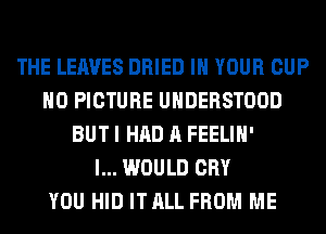 THE LEAVES DRIED IN YOUR CUP
H0 PICTURE UHDERSTOOD
BUT I HAD A FEELIH'

I... WOULD CRY
YOU HID IT ALL FROM ME