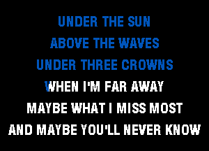 UNDER THE SUN
ABOVE THE WAVES
UNDER THREE CROWHS
WHEN I'M FAR AWAY
MAYBE WHAT I MISS MOST
AND MAYBE YOU'LL NEVER KNOW