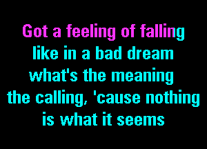 Got a feeling of falling
like in a bad dream
what's the meaning

the calling, 'cause nothing
is what it seems