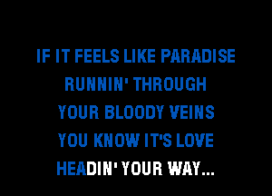 IF IT FEELS LIKE PARADISE
RUNNIN' THROUGH
YOUR BLOODY VEIHS
YOU KNOW IT'S LOVE

HEADIH' YOUR WAY... I