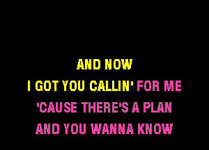 AND NOW
I GOT YOU CALLIN' FOR ME
'CAUSE THERE'S A PLAN

AND YOU WANNA KNOW I