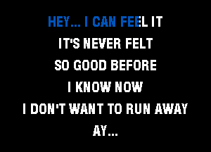 HEY... I CAN FEEL IT
IT'S NEVER FELT
SO GOOD BEFORE
I KNOW HOW
I DON'T WANT TO RUN AWAY
M...