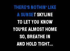THERE'S NOTHIN' LIKE
A SUNSET SKYLINE
TO LET YOU KNOW

YOU'RE ALMOST HOME

80, BREATHE IN

AND HOLD TIGHT... l