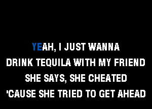 YEAH, I JUST WANNA
DRINK TEQUILA WITH MY FRIEND
SHE SAYS, SHE CHEATED
'CAUSE SHE TRIED TO GET AHEAD