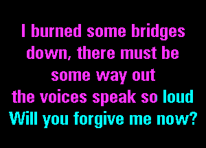 I burned some bridges
down, there must be
some way out
the voices speak so loud
Will you forgive me now?