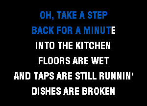 0H, TAKE A STEP
BACK FOR A MINUTE
INTO THE KITCHEN
FLOORS ARE WET
AND TAPS ARE STILL RUHHIH'
DISHES ARE BROKEN