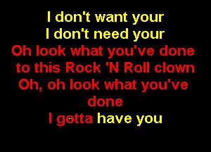 I don't want your
Idon1needyour
Oh look what you've done
to this Rock 'N Roll clown

Oh, oh look what you've
done
I gotta have you