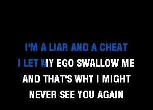 I'M A LIAR AND A CHEAT
I LET MY EGO SWALLOW ME
AND THAT'S WHY I MIGHT
NEVER SEE YOU AGAIN