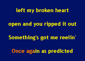 left my broken heart
open and you ripped it out
Something's got me reelin'

Once again as predicted