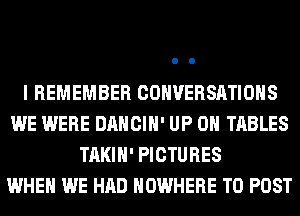 I REMEMBER CONVERSATIONS
WE WERE DANCIH' UP ON TABLES
TAKIH' PICTURES
WHEN WE HAD NOWHERE TO POST