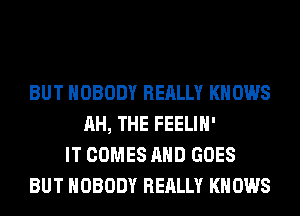 BUT NOBODY REALLY KNOWS
AH, THE FEELIH'
IT COMES AND GOES
BUT NOBODY REALLY KNOWS