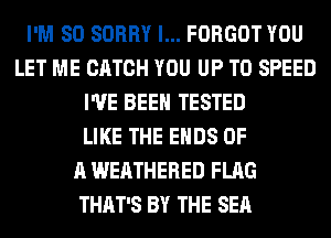 I'M SO SORRY l... FORGOT YOU
LET ME CATCH YOU UP TO SPEED
I'VE BEEN TESTED
LIKE THE ENDS OF
A WEATHERED FLAG
THAT'S BY THE SEA