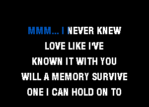 MMM... I NEVER KNEW
LOVE LIKE I'VE
KNOWN IT WITH YOU
WILL A MEMORY SURVIVE
ONE I CAN HOLD 0 T0