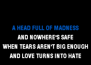 A HEAD FULL OF MADNESS
AND NOWHERE'S SAFE
WHEN TEARS AREN'T BIG ENOUGH
AND LOVE TURNS INTO HATE