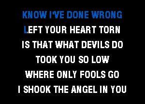KNOW I'VE DONE WRONG
LEFT YOUR HEART TURN
IS THAT WHAT DEVILS DO
TOOK YOU 80 LOW
WHERE ONLY FOOLS GO
I SHOOK THE ANGEL IN YOU