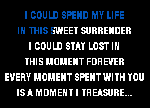 I COULD SPEND MY LIFE
IN THIS SWEET SURRENDER
I COULD STAY LOST IN
THIS MOMENT FOREVER
EVERY MOMENT SPENT WITH YOU
IS A MOMENT I TREASURE...