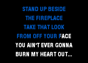 STRND UP BESIDE
THE FIREPLACE
TAKE THAT LOOK
FROM OFF YOUR FACE
YOU AIN'T EVER GONNA

BURN MY HEART OUT... I