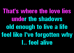 That's where the love lies
under the shadows
old enough to live a life
feel like I've forgotten why
l.. feel alive