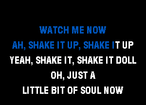 WATCH ME NOW
AH, SHAKE IT UP, SHAKE IT UP
YEAH, SHAKE IT, SHAKE IT DOLL
0H, JUST A
LITTLE BIT OF SOUL HOW