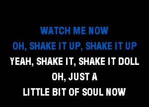 WATCH ME NOW
0H, SHAKE IT UP, SHAKE IT UP
YEAH, SHAKE IT, SHAKE IT DOLL
0H, JUST A
LITTLE BIT OF SOUL HOW