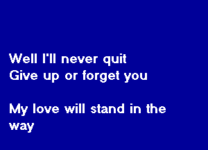 Well I'll never quit

Give up or forget you

My love will stand in the
way