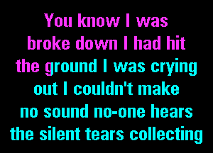 You know I was
broke down I had hit
the ground I was crying
out I couldn't make
no sound no-one hears
the silent tears collecting