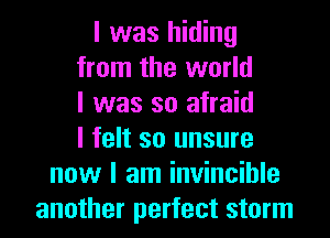 I was hiding
from the world
I was so afraid
I felt so unsure
now I am invincible
another perfect storm