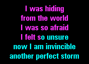 I was hiding
from the world
I was so afraid
I felt so unsure
now I am invincible
another perfect storm