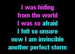 I was hiding
from the world
I was so afraid
I felt so unsure
now I am invincible
another perfect storm