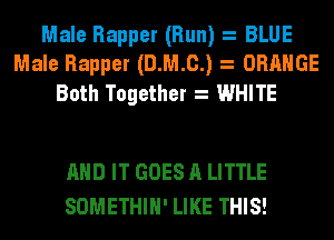 Male Rapper (Run) BLUE
Male Rapper (D.M.c.) ORANGE

Both Together WHITE

AND IT GOES A LITTLE
SOMETHIH' LIKE THIS!