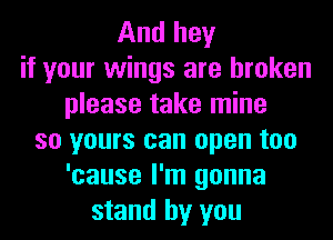 And hey
if your wings are broken
please take mine
so yours can open too
'cause I'm gonna
stand by you