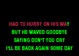 HAD TO HURRY ON HIS WAY
BUT HE WAVED GOODBYE
SAYING DON'T YOU CRY
I'LL BE BACK AGAIN SOME DAY