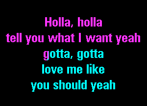 Holla. holla
tell you what I want yeah

gotta, gotta
love me like
you should yeah