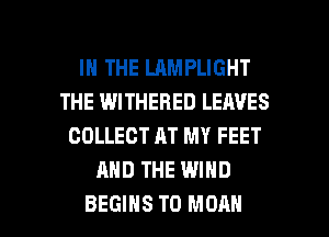IN THE LAMPLIGHT
THE WITHEHED LEAVES
COLLECT AT MY FEET
AND THE WIND

BEGINS T0 MOAH l