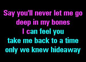 Say you'll never let me go
deep in my bones
I can feel you
take me back to a time
only we knew hideaway