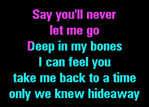 Say you'll never
let me go
Deep in my bones
I can feel you
take me back to a time
only we knew hideaway