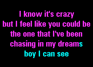 I know it's crazy
but I feel like you could he
the one that I've been
chasing in my dreams
boy I can see