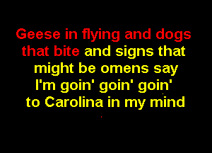 Geese in flying and dogs
that bite and signs that
might be omens say
I'm goin' goin' goin'
to Carolina in my mind