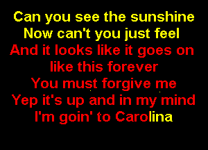 Can you see the sunshine
Now can't you just feel
And it looks like it goes on
like this forever
You must forgive me
Yep it's up and in my mind
I'm goin' to Carolina