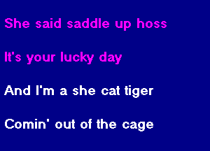 And I'm a she cat tiger

Comin' out of the cage