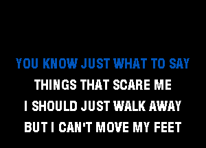 YOU KNOW JUST WHAT TO SAY
THINGS THAT SCARE ME
I SHOULD JUST WALK AWAY
BUT I CAN'T MOVE MY FEET