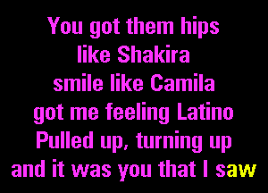 You got them hips
like Shakira
smile like Camila
got me feeling Latino
Pulled up, turning up
and it was you that I saw