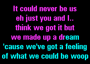 It could never be us
eh iust you and l..
think we got it but
we made up a dream
'cause we've got a feeling
of what we could he woop