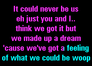 It could never be us
eh iust you and l..
think we got it but
we made up a dream
'cause we've got a feeling
of what we could he woop