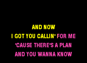 AND NOW
I GOT YOU CALLIN' FOR ME
'CAUSE THERE'S A PLAN

AND YOU WANNA KNOW I