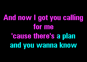 And now I got you calling
for me

'cause there's a plan
and you wanna know