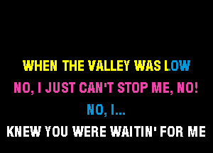 WHEN THE VALLEY WAS LOW
NO, I JUST CAN'T STOP ME, H0!
NO, I...

KHEW YOU WERE WAITIH' FOR ME
