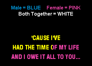 Male BLUE Female PINK
Both Together WHITE

'OAUSE I'VE
HAD THE TIME OF MY LIFE
AND I OWE IT ALL TO YOU...