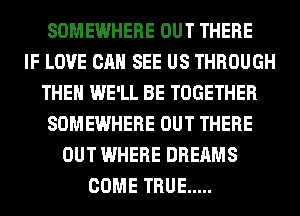 SOMEWHERE OUT THERE
IF LOVE CAN SEE US THROUGH
THE WE'LL BE TOGETHER
SOMEWHERE OUT THERE
OUT WHERE DREAMS
COME TRUE .....